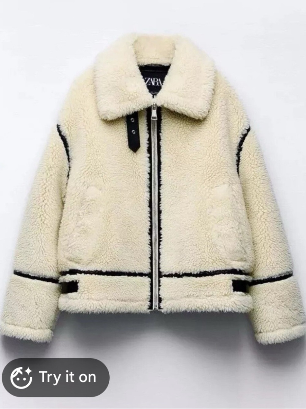 Zara Ecru Cream shearling Jacket with Black Contrast Trim